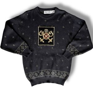 Black Gold Embellished Sweater Women’s M Pullover Argyle Metallic Emblem Sequins